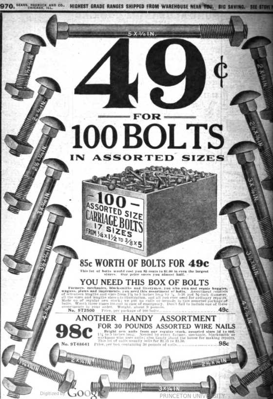Sears & Roebucks 1910 catalog page of bolts