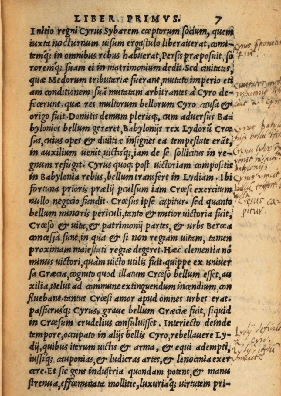 Printed book page in Latin with handwritten annotations along the right side.