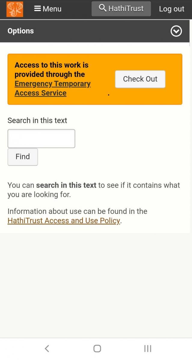 Screenshot from the mobile website. An orange banner across the center of the page reads, “Access to this work is provided through the Emergency Temporary Access Service” with a “Check Out” button next to it. There is a “Search in this text” search bar beneath the access banner.