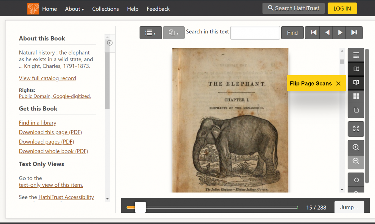 A screenshot of a book about “The Elephant.” Along the right side, a yellow label pops out from one of the icons, indicating that icon will allow you to “flip page scans.”