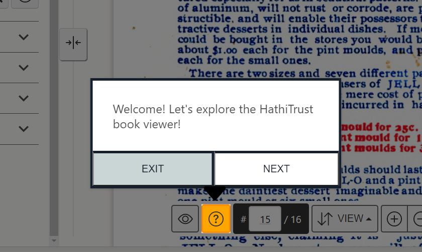 Screenshot of the book controls along the bottom of the book display. A popup box activated by the orange question mark Help icon reads  