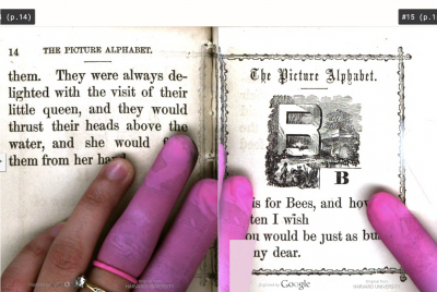 Scanners' hands with pink finger protectors are sometimes visible in the scanned page images.