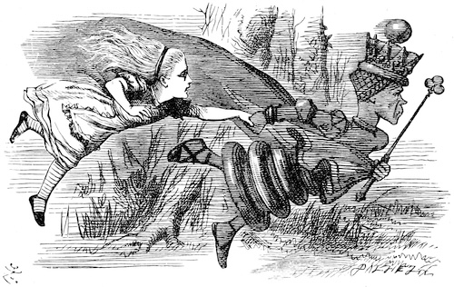 Illustration of Alice in Wonderland in which Alice is chasing the Rabbit done a hole.