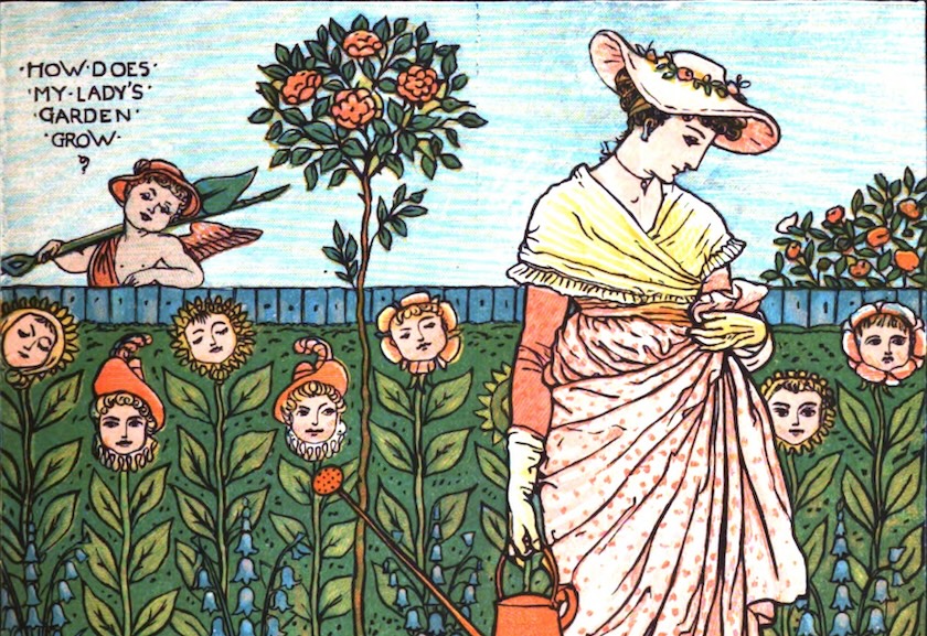 Illustration of a woman standing in a garden where the flowerheads blooming are faces.