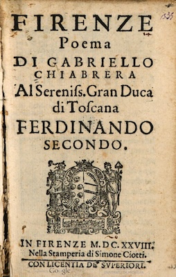 Title page from 17th century book of poetry from ItalyFirenze, poema di Gabriello Chiabrera